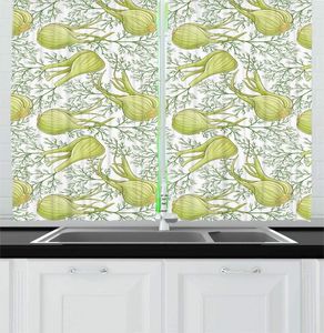 Rideau vert pâle et blanc de cuisine rideaux de cuisine bulbes de fenouil motif de jardinage thème des herbes vivaces à l'aneth