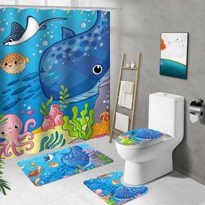 Cortinas de dibujos animados de peces para niños, juego de cortinas de ducha con alfombras, tema submarino del océano, Animal marino, naturaleza, tiburón, tortuga, alfombra de tela, alfombra de baño