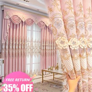 Cortinas Cortinas opacas de lujo europeas, flores rosas, cortina bordada de tul para niños, dormitorio, sala de estar, decoración bonita y encantadora para el hogar