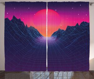 Rideaux Indigo Rose Chaud et Abricot Synthwave Rideaux 80's Illustration Grille Montagnes et Soleil Ombre Ciel Salon Chambre Rideau de Fenêtre