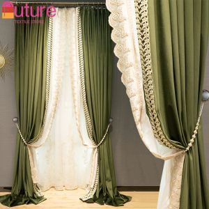Cortinas de lujo Retro verde oliva almazuela de terciopelo, cortinas para ventanas bordadas, sala de estar, ventana francesa personalizada