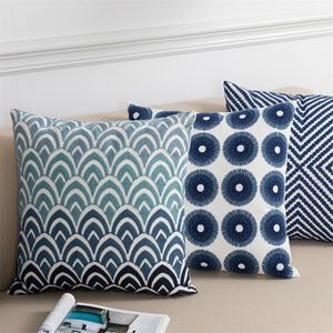 Coussin/oreiller décoratif bleu cercle broderie housse de coussin blanc coton toile géométrique 45x45 cm décor à la maison Floral canapé Sham