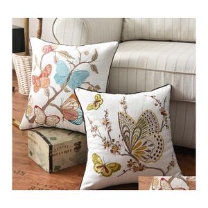 Cojín / almohada decorativa mariposa pavo real bordado cojín er 45x45 cm floral estilo rural algodón decoración del hogar para vivir dro dhcvf