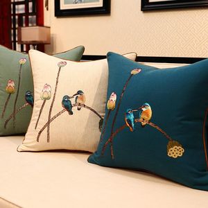 Coussin / oreiller décoratif chinois classique lotus oiseau broderie couverture coton lin canapé coussin bouddhisme tendance décoration de la maisonCus
