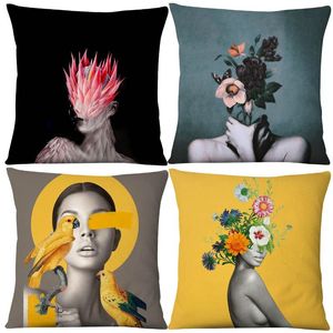 Coussin / oreiller décoratif fleur filles housse de coussin affiches de beauté portrait peinture taie d'oreiller 45x45 cm chambre canapé décor cas