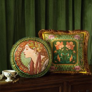Cojín/almohada decorativa Fundas de tiro Cojín decorativo cuadrado suave para sofá 18x18 pulgadas Alphonse Maria Mucha Art Verde oscuro