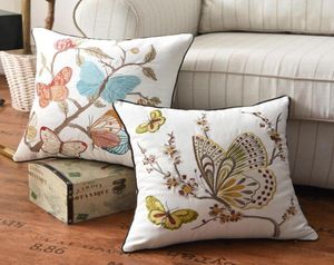Cojín decorativo almohada mariposa pavo real bordado funda de cojín 45x45 cm floral estilo campestre algodón decoración del hogar para Livin2545178