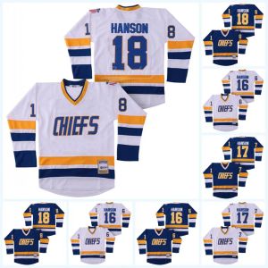 PERSONALIZADO 16 Jack Hanson Charlestown Chiefs Jersey, Hombres s Hanson Brother Slap Shot 100% bordado cosido Película Hockey Jerseys Azul Blanco