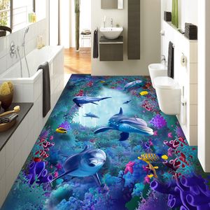 Custom 3D Floor Tiles Wallpaper Marine World Seaweed Coral Dolphin Murals Etiqueta Niños Dormitorio Sala de estar PVC 3D Flooring Mural 201009