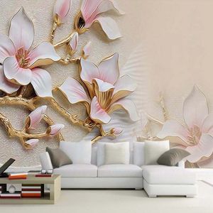 Personnalisé 3D Mural Papier Peint Stéréo Relief Magnolia Fleur Mur Art Peinture Salon Canapé Chambre TV Toile de Fond