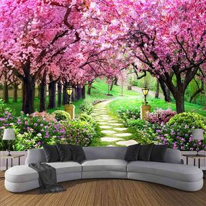 Custom 3D Po Wallpaper Flower Romantic Cherry Blossom Tree Small Road Wall Mural Fondos de pantalla para sala de estar Dormitorio de Parede 210722