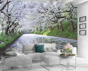 Papel tapiz de paisaje 3d personalizado Sala de flores Papel tapiz 3d Flores blancas Río Paisaje romántico Papel tapiz mural 3d