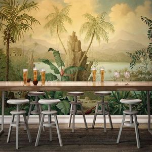 Papel tapiz 3D personalizado, Mural artístico de pared, estilo europeo, pintura al óleo de paisaje Retro, papel tapiz de árbol de coco y plátano de selva Tropical
