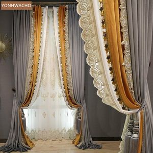 Cortina personalizada, sala de estar de lujo europea, terciopelo gris de alta clase, tela de costura naranja, Panel de tul opaco, cortinas C720