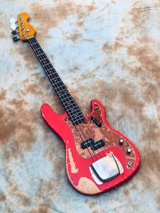 Guitare basse électrique personnalisée, 4 cordes, relique vieillie, pomme bonbon JAZZ, rouge, haute qualité, meilleur prix