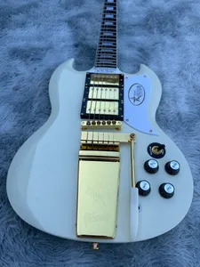 Guitarra eléctrica personalizada, guitarra eléctrica SG, blanco crema, vibrato dorado