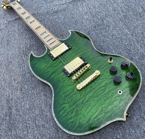 Custom Trans Green acolchado Mape Top Guitarra eléctrica de doble corte Diapasón de arce Incrustación de encuadernación de cuerpo de abulón, herrajes dorados
