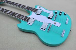 Guitarra eléctrica de doble cuello azul y verde personalizada de fábrica con guitarra de 6 y 12 cuerdas Hardware cromado Golpeador blanco Oferta personalizada 369