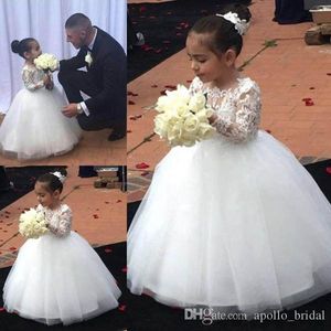 Robes de fille de fleur sur mesure pour le mariage Ivoire Princesse Tutu Manches longues Dentelle Zipper Tulle Vintage Enfant Première Communion Robe