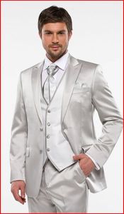 Custom Made Groom Tuxedos Shiny Silver Groomsmen Peak Lapel Meilleur Costume Homme / Marié / Mariage / Bal / Dîner Costumes (Veste + Pantalon + Cravate + Gilet) K628