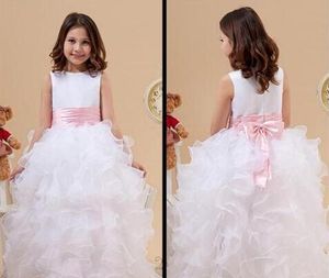 Custom Made Princesse Blanc Jewel Flower Girl Robes Ruffles A-Line Satin et Organza Floor-Length Girl Dress pour les robes de soirée de mariage