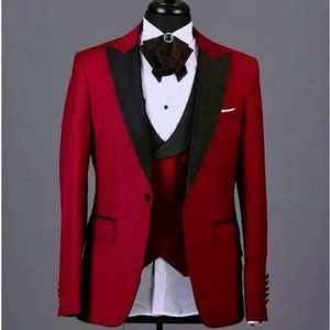 Tuxedos de marié rouge sur mesure, revers noir, robe de mariée pour hommes, veste populaire, blazer, costume 3 pièces (veste + pantalon + gilet + cravate) 26