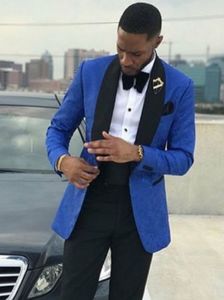 Royal Blue Embossing Groom Tuxedos Black Lapel Men Party Groomsmen Suits Mens Business Jacket Blazer Custom Made (veste + pantalon + cravate + ceinture) 16