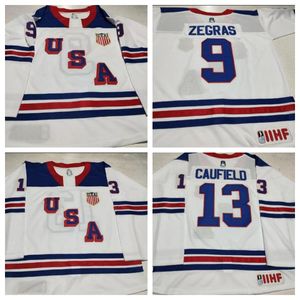 Custom Men Youth USA 2021 IIHF WJC Gold Winner Jersey 9 Trevor Zegras 13 Cole Caufield Maillots de hockey sur glace N'importe quel numéro de nom S-5XL Cousu