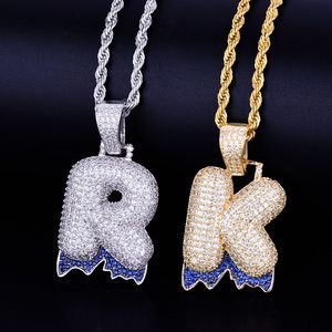 Nombre personalizado Hombres Azul Goteando Burbuja Letras Collares Colgante Sola Letra Oro Plata Color Hielo Out Cubic Zircon Hip Hop Joyería