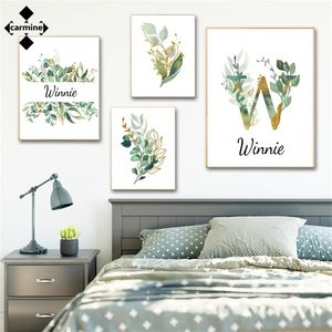 Nom personnalisé feuilles vertes affiche nordique décoration murale toile peinture or vert plante aquarelle image décorative moderne mur Art 220623