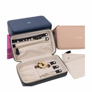 Nombre personalizado Pebble Leather Medium Travel Jewelry Box Foil Caja de almacenamiento de joyería en relieve Bolsa de joyería Stud Collar Almacenamiento Q1XZ #
