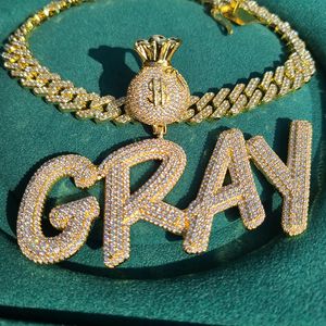 Pendentif avec nom personnalisé avec crochet pour sac d'argent, collier avec mots en zircone cubique glacé AAAA, bijoux Hip Hop pour cadeau 240125