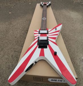 Guitarra eléctrica personalizada con rayas blancas rojas, diapasón de palisandro, cuerpo irregular, forma especial
