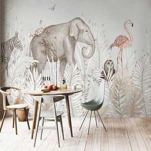 Papel pintado Mural autoadhesivo personalizado moderno Ins planta elefante ciervo 3D dibujos animados niños dormitorio Fondo pared pegatina Decoración