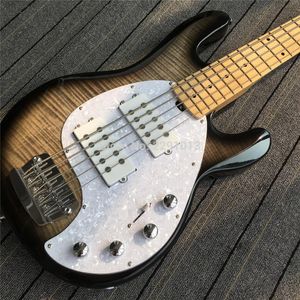 Custom Shop Ernie Ball StingRay Black Flame Maple Top 5 Cordes Guitare Basse Électrique Fils Actifs Batterie 9V, White Pearl Pickguard