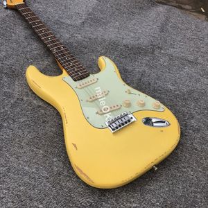 Tienda personalizada de guitarra eléctrica Heavy Relic Cream Yellow 10s ST, guitarra de reliquia envejecida, servicio personalizado disponible