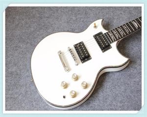 Tienda personalizada YMH SG Guitarra eléctrica blanca de doble corte Cuerpo de abulón Encuadernación PushPull Pot Gold Hardware1692927