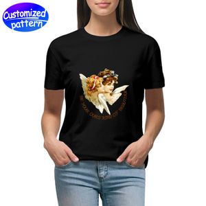 Camiseta personalizada de manga corta boutique HD para mujer, estampado a doble cara, cuello reforzado, no deformable, transpirable, puños doblados dobles, pintura 100% algodón, 145 g, negro