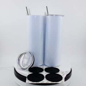 Vasos en blanco de sublimación personalizables de 20 oz, botella de agua de doble pared, taza recta delgada de acero inoxidable con tapa y pajita WWQ