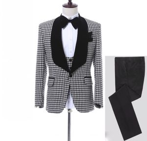 Aanpassen Houndstooth Bruidegom Tuxedos Shawl Revers Een Knop Side Vent Mannen Bruiloft Blazer Mannen Prom Diner Pak (jas + Broek + Tie + Vest)