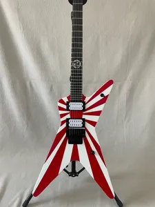 Guitare électrique peinte en V personnalisée en forme de V, bande rouge, peinture blanche