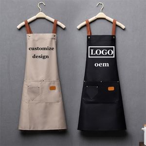 Customized personality signature mens and womens kitchen aprons home chef baking clothes with pockets adult bib waist bag 220608