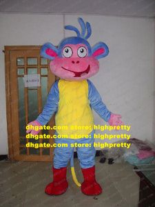 Mignon bleu bottes singe mascotte Costume Mascotte adulte avec rose visage heureux ventre jaune personnage de dessin animé No.262