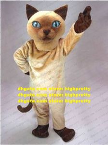 Costume de mascotte de chat siamois brun mignon Mascotte chaton Moggie avec des yeux bleus brillants brun foncé mains pieds adulte No.1612 bateau libre
