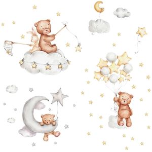 Lindo oso de dibujos animados conejito estrella luna pegatinas de pared para habitaciones de niños habitación de bebé decoración de la pared papel tapiz niñas niños dormitorio pegatina de guardería 220727