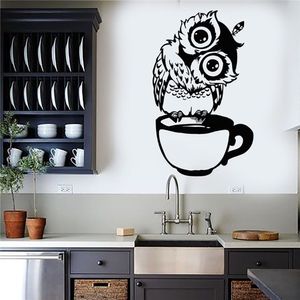 Pegatinas de pared de búho de dibujos animados bonitos en la taza, calcomanía decorativa de café para cocina, comedor, calcomanías de vinilo para cafetería, Bar, decoración del hogar