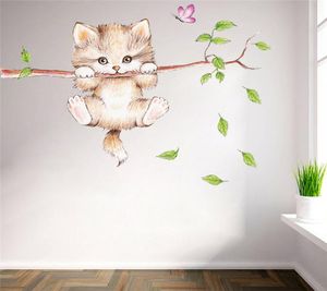 Cat mignon papillon arbre branche autocollants muraux pour les enfants décoration maison décoration de dessins animaux décalcomanies bricolage affiches pvc mural art6619377