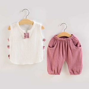 Lindo estilo chino nacido bebé niña conjunto ropa verano algodón lino sin mangas tops chaleco y pantalones cortos infantil niño 2 piezas conjuntos 210713