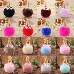 Lindo llavero de bola de pelo de conejo de imitación esponjoso para mujer, llavero de coche, pompón, decoración de perlas, colgante para bolso, accesorios para mochila