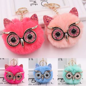 Cute Fluffy Rabbit Fur Owl Pompom Ball Animal Glasses Keychain Keyring Car Key Ring Charm Women Bag Pendant Decorative